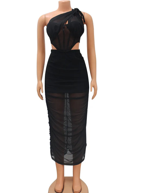 Beautiful Single Shoulder Sheer Mesh Corset Top + Skirt