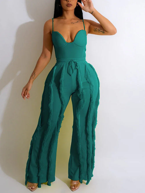 Women Spaghetti Strap Tassels Fringed Slim Jumpsuits