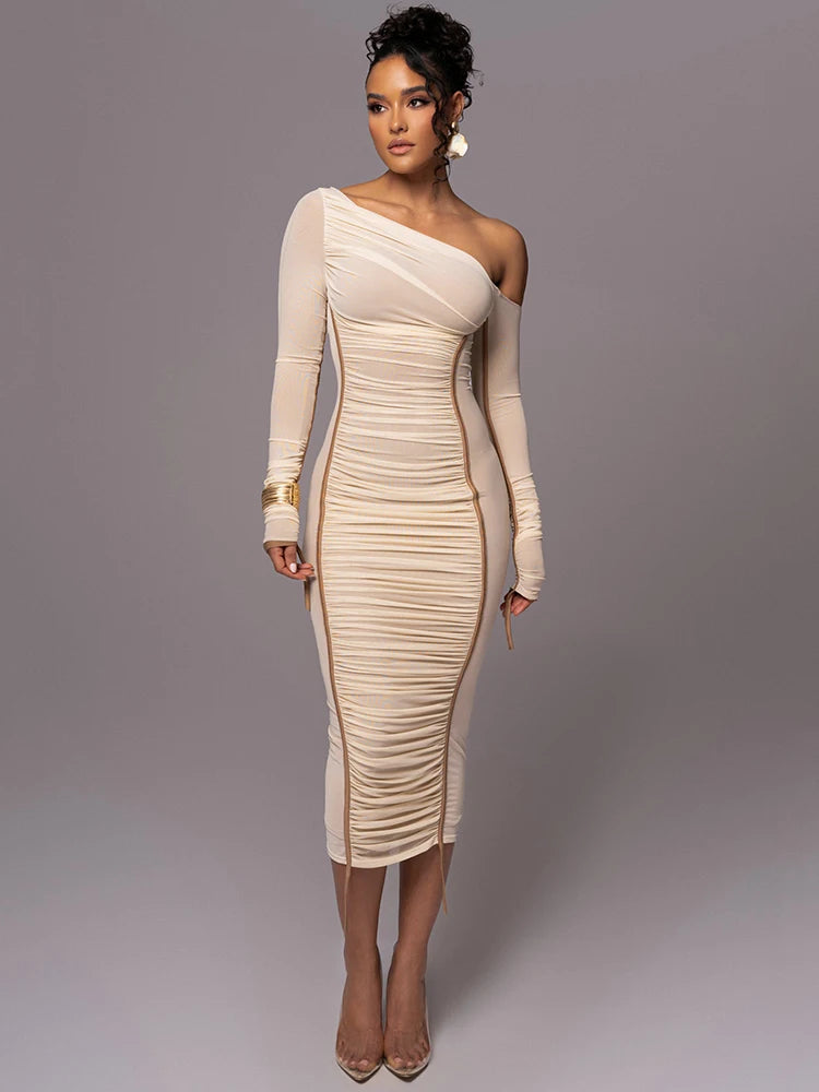 Diagonal Collar Long Sleeve Midi Dresses 