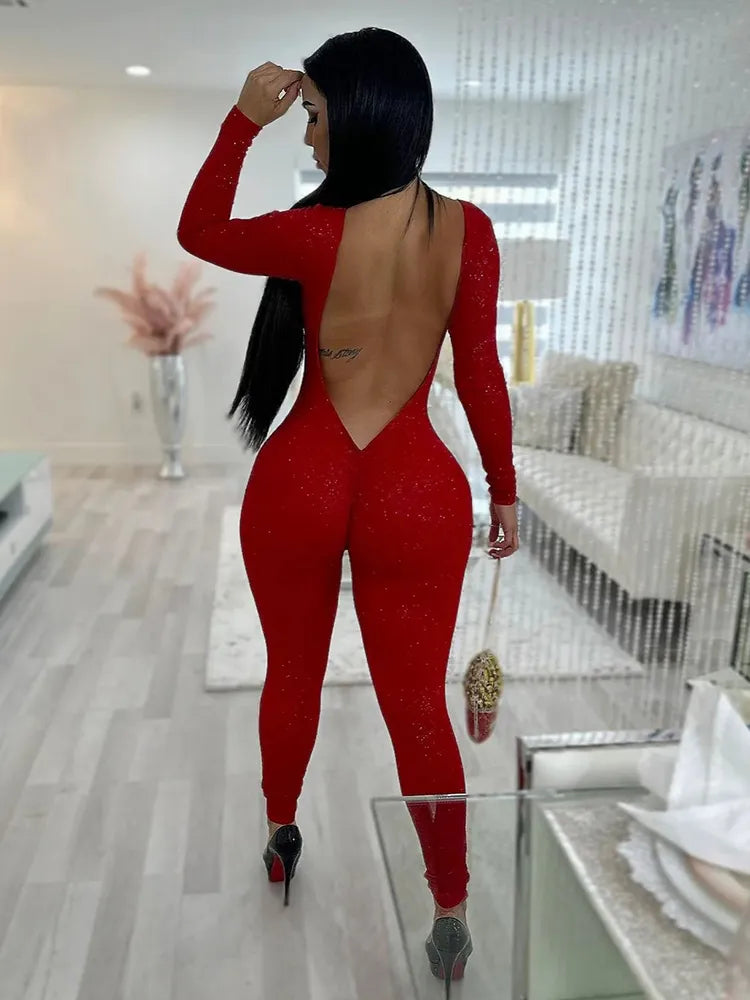  Long Sleeve Backless Stretch Glitter Jumpsuits 