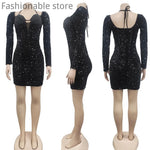 Women Long Sleeve Mesh Halter Sequined Slim High Waist Bodycon Dress