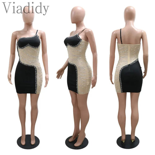 One Shoulder Mesh Rhinestone Inlaid Sleeveless Backless Zipper Dresses