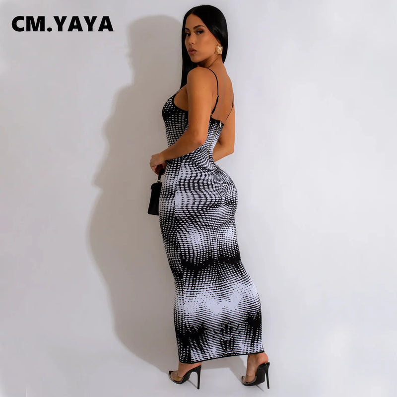 Women Tie Dye Printed Strap Sleeveless Bodycon Midi Maxi Dresses