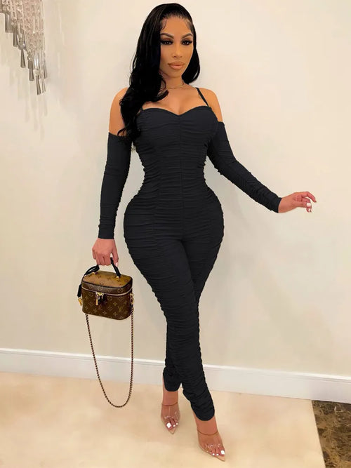 Women 2023 Autumn Winter Solid Sexy Long Sleeve Sling Jumpsuit