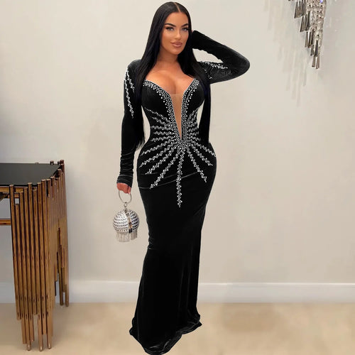 Women Diamonds Rhinestones Velvet Long Sleeve Mermaid Dresses