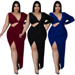 Sexy Curvy Hollow Out Solid  V Neck Elegant Dress