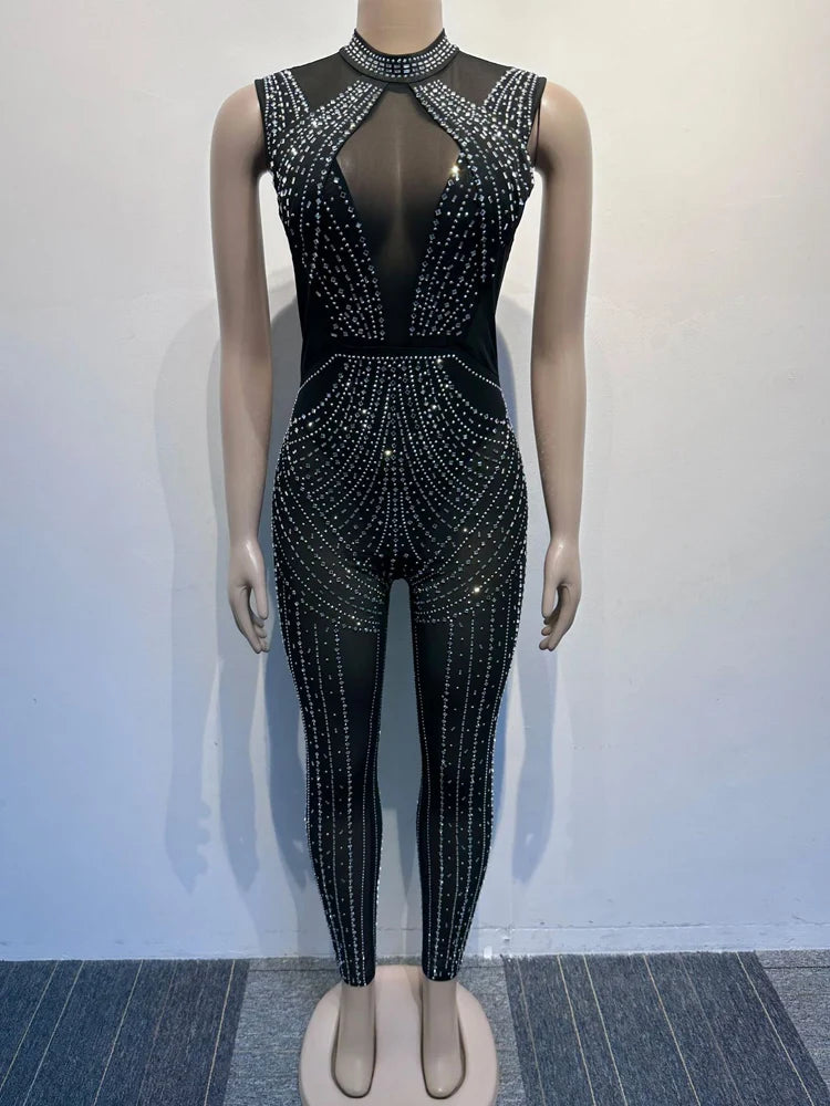 See Through Black Crystal Jumpsuits