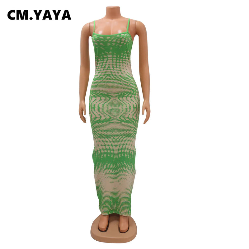 Women Tie Dye Printed Strap Sleeveless Bodycon Midi Maxi Dresses