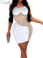 One Shoulder Mesh Rhinestone Inlaid Sleeveless Backless Zipper Dresses