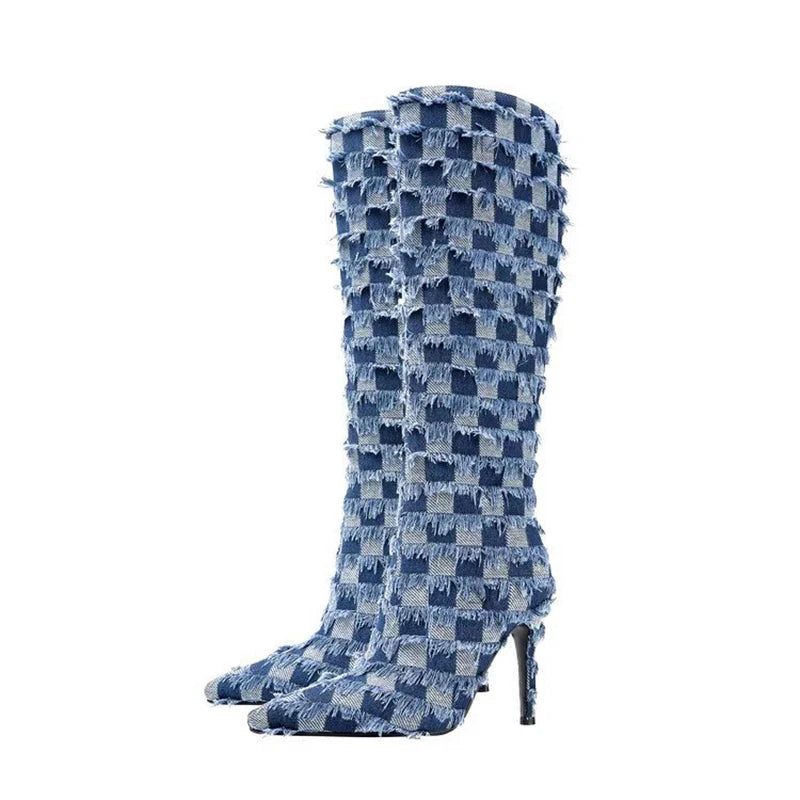  Plaid Denim Blue Cloth Women's Boots