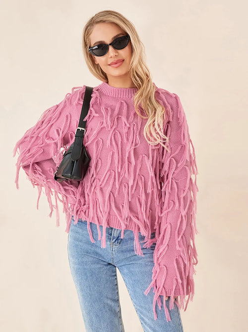 Tassel Loose Women Fashion Long Sleeve O-neck Sweater