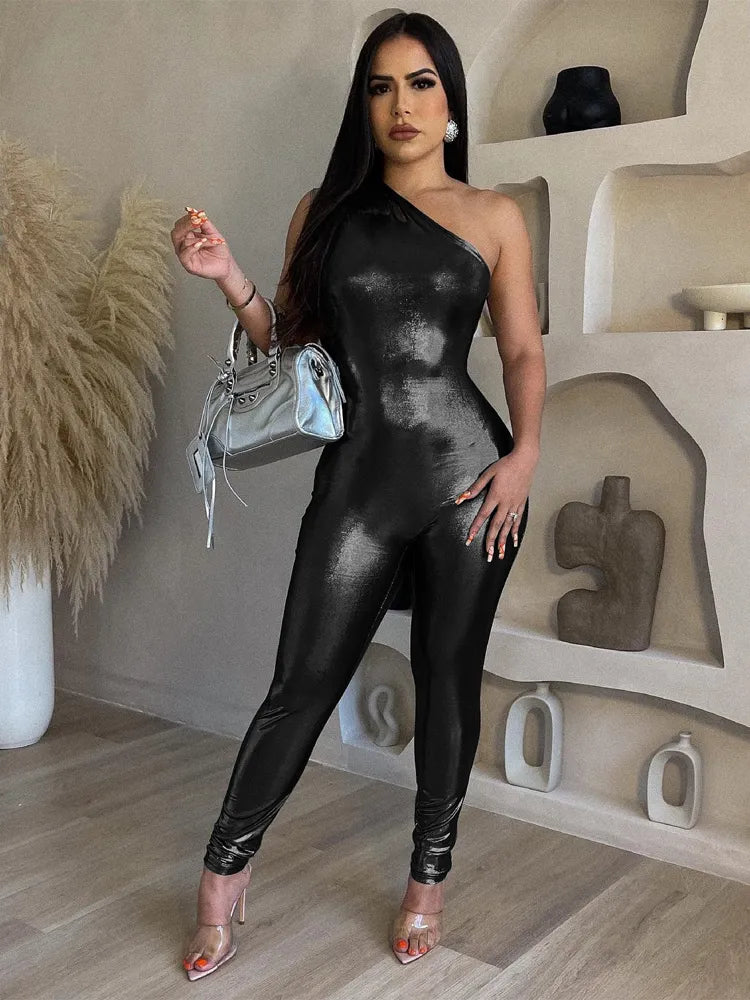 Metallic Sexy Sleeveless One Shoulder Jumpsuit