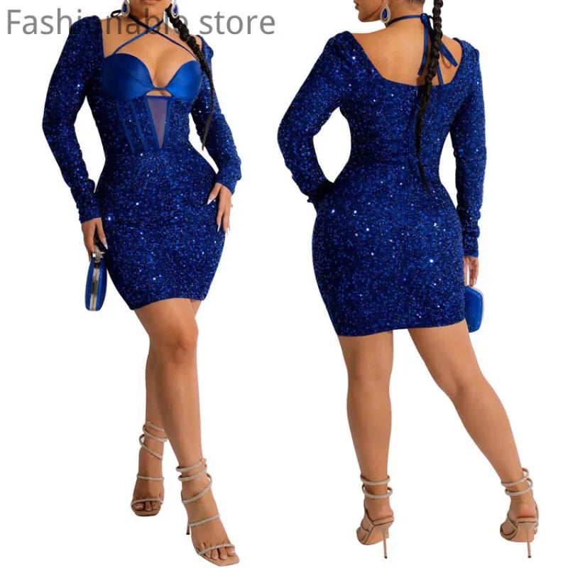 Women Long Sleeve Mesh Halter Sequined Slim High Waist Bodycon Dress