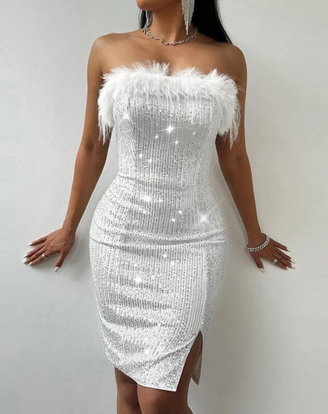 Women's Summer Fashion Feather Detail Allover Sequin Sexy Dress