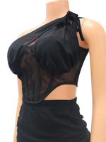 Single Shoulder Sheer Mesh Corset Top + Skirt