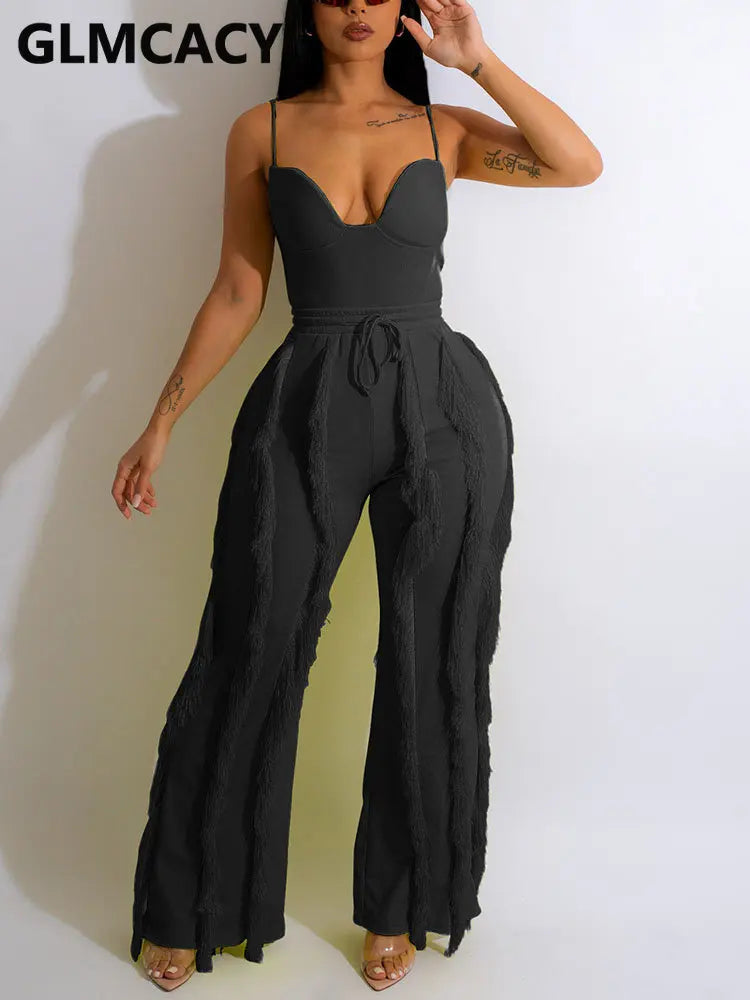 Women Spaghetti Strap Tassels Fringed Slim Jumpsuit