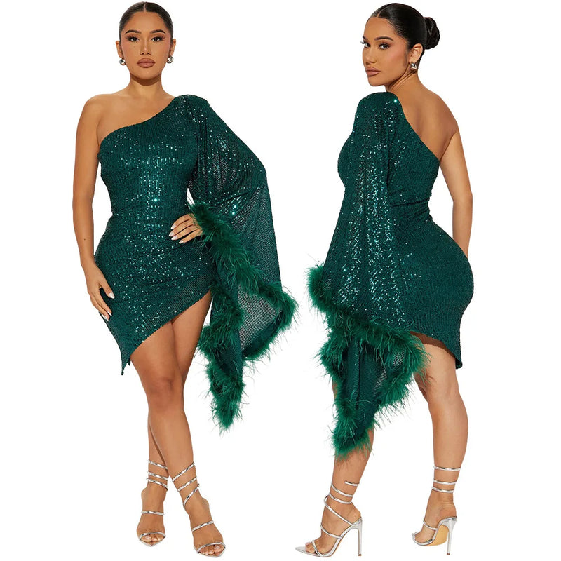 Sexy One Shoulder Sequin Feather Party Prom Bodycon Mini Dress