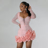 Women Long Sleeve Ruffles Drilling Bead Short Dresses