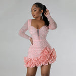 Women Long Sleeve Ruffles Drilling Bead Short Dresses