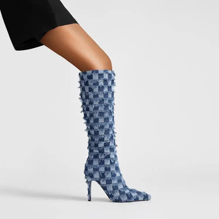  Plaid Denim Blue Cloth Women's Boots