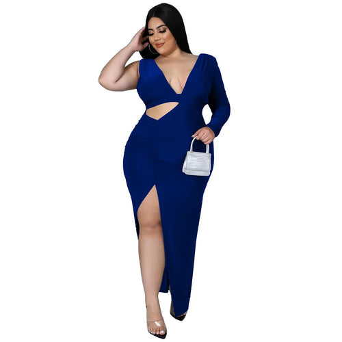 Women Sexy Curvy Hollow Out Solid  V Neck Elegant Dress