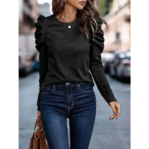 Women's Round Neck Bubble Long Sleeve Button Tops