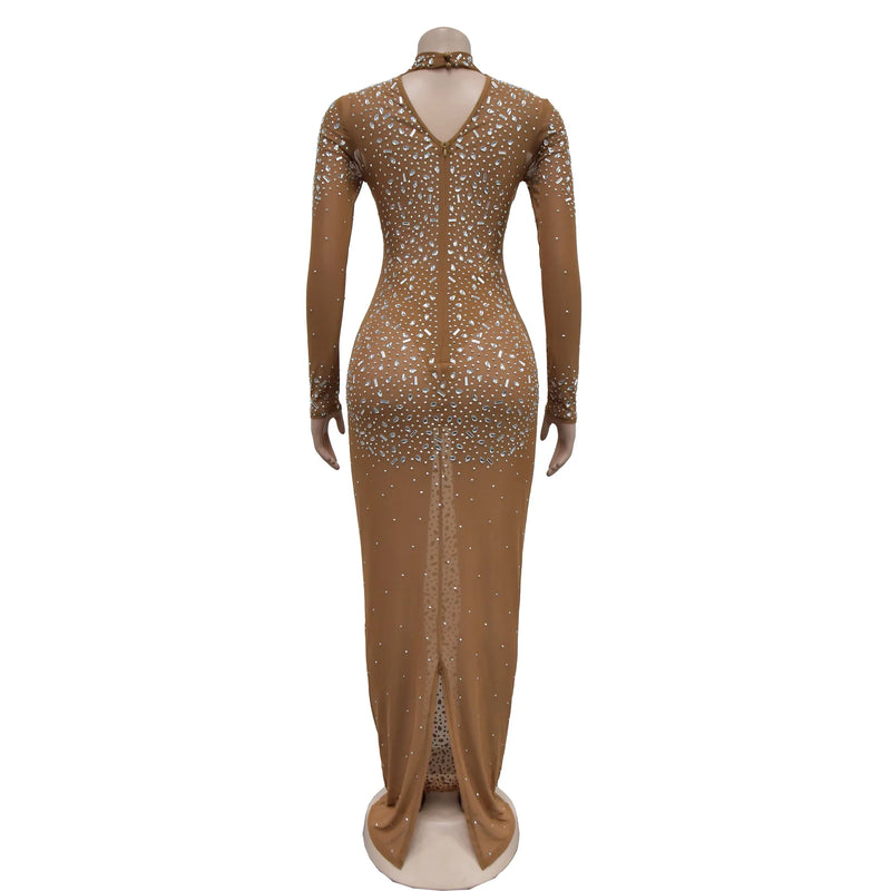 Women Long Sleeve Mesh Diamonds See Through Dresses