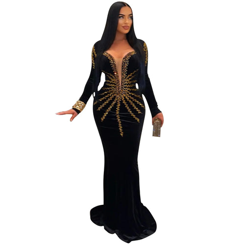 Women Diamonds Rhinestones Velvet Long Sleeve Mermaid Dresses