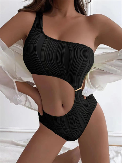 New Solid Ribbed One Shoulder One Piece Swimsuits