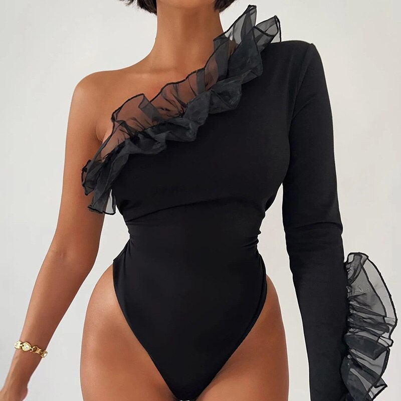 Mesh One Shoulder Women Bodysuit