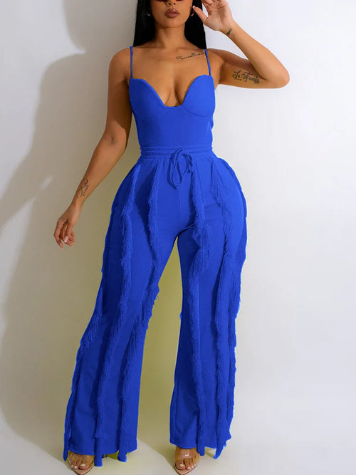 Women Spaghetti Strap Tassels Fringed Slim Jumpsuits