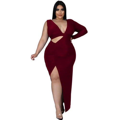 Women Sexy Curvy Hollow Out Solid  V Neck Elegant Dress