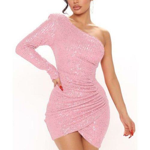 Sexy Skew Collar Glitter Sequin Dress