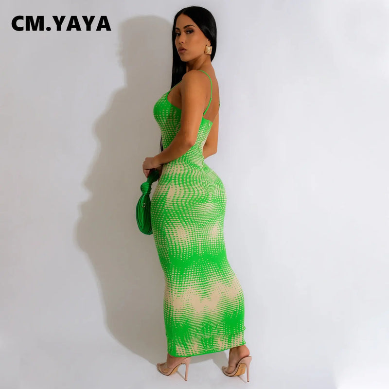 Women Tie Dye Printed Strap Sleeveless Bodycon Midi Maxi Dresses