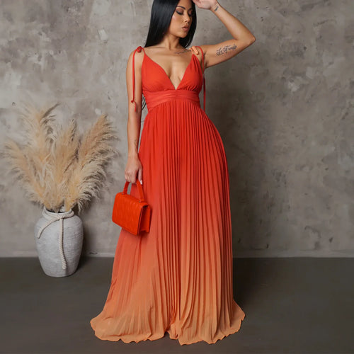 Women Tie Up Strap Sleeveless Pleated Backless Dresses