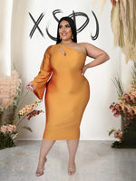 Curvy Elegant One Shoulder Long Sleeve Dress