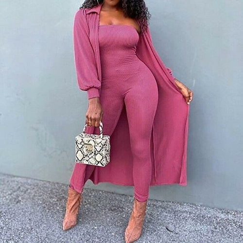 Women Fashion Jumpsuit and Long Cardigan Coat Set