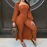 Women Fashion Jumpsuit and Long Cardigan Coat Set