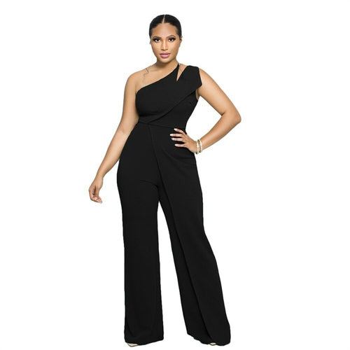 One Shoulder Sleeveless Wide Leg Solid Elegant Jumpsuits