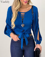 Women Solid Color Tie Front Long Sleeve Cut Out Blouse