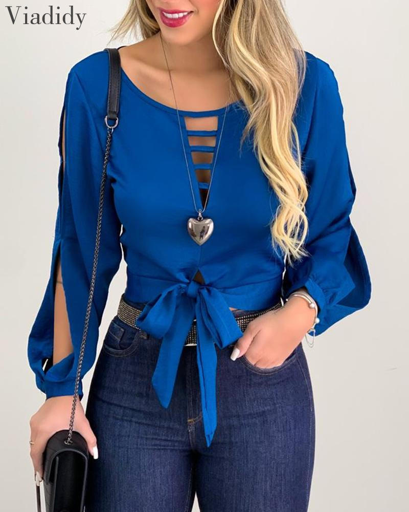 Women Solid Color Tie Front Long Sleeve Cut Out Blouse