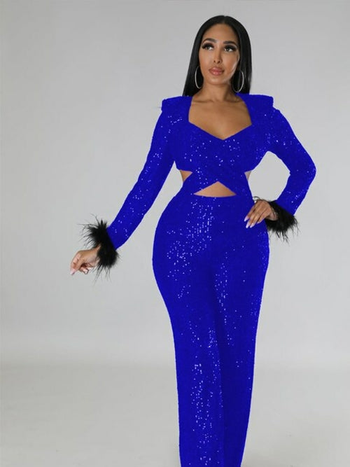 Women Solid Feather Hollowing Sequins V neck Full Sleeve Jumpsuits