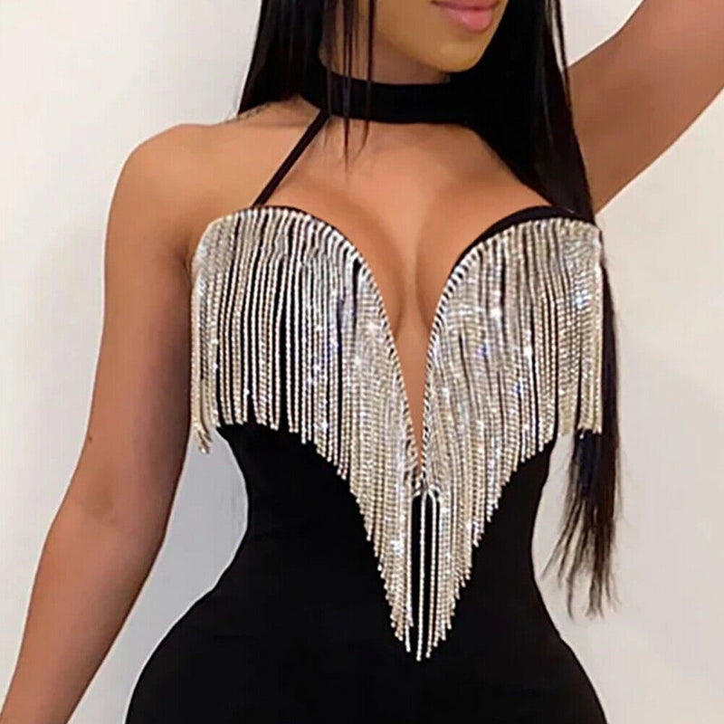 Women Tassels Spring Sleeveless V Neck Jumpsuit