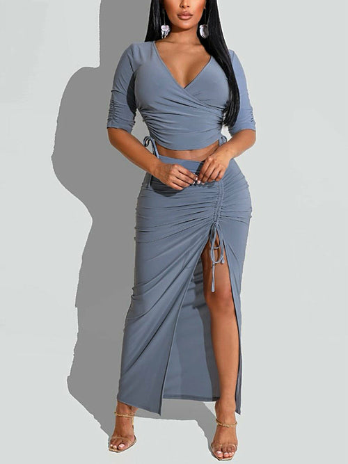 Two Piece Elegant Half Sleeve V Neck Crop Top High Slit Skirt