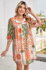 Orange Boho Paisley Mixed Print 3/4 Sleeve Chiffon Loose Dress