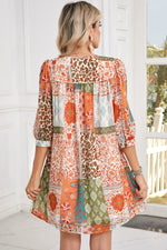 Orange Boho Paisley Mixed Print 3/4 Sleeve Chiffon Loose Dress