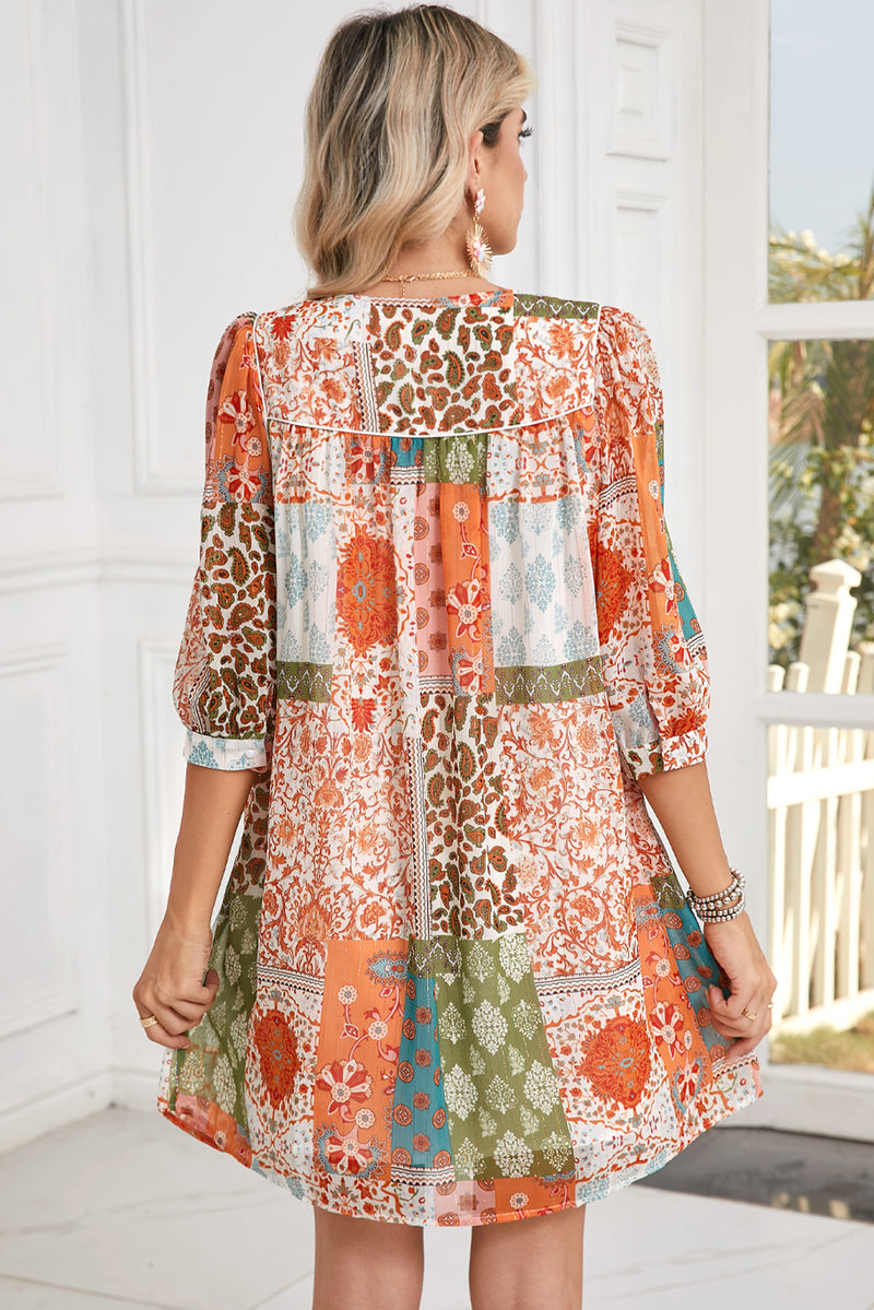 Orange Boho Paisley Mixed Print 3/4 Sleeve Chiffon Loose Dress