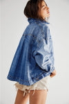 Blue Stripe Washed Oversized Pocketed Denim Jacket