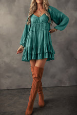 Mist Green Puff Sleeve Loose Fit Tiered Ruffle Mini Dress