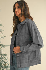 Blue Stripe Washed Oversized Pocketed Denim Jacket